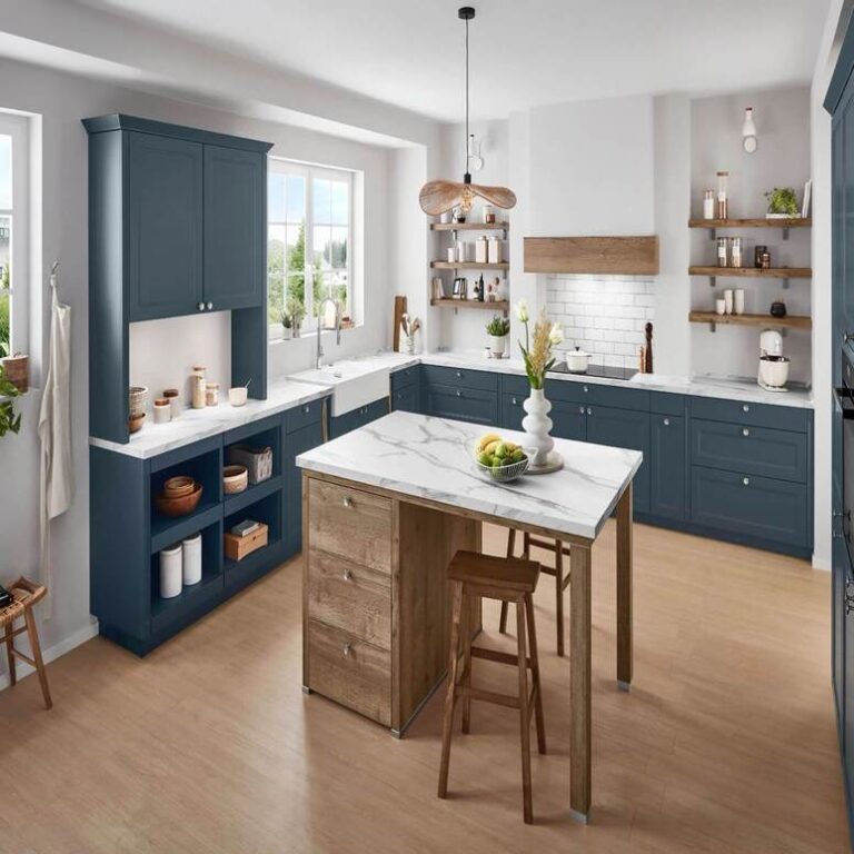 Einbauküche: Dunkelblaue Landhausküche Küche im Landhausstil in Dunkelblau mit Marmor-Kochinsel, Holzregalen und Barhockern